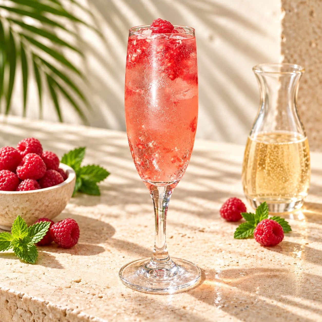 A Flamenco Fizz in a flute with raspberries, beside a bowl of fresh raspberries