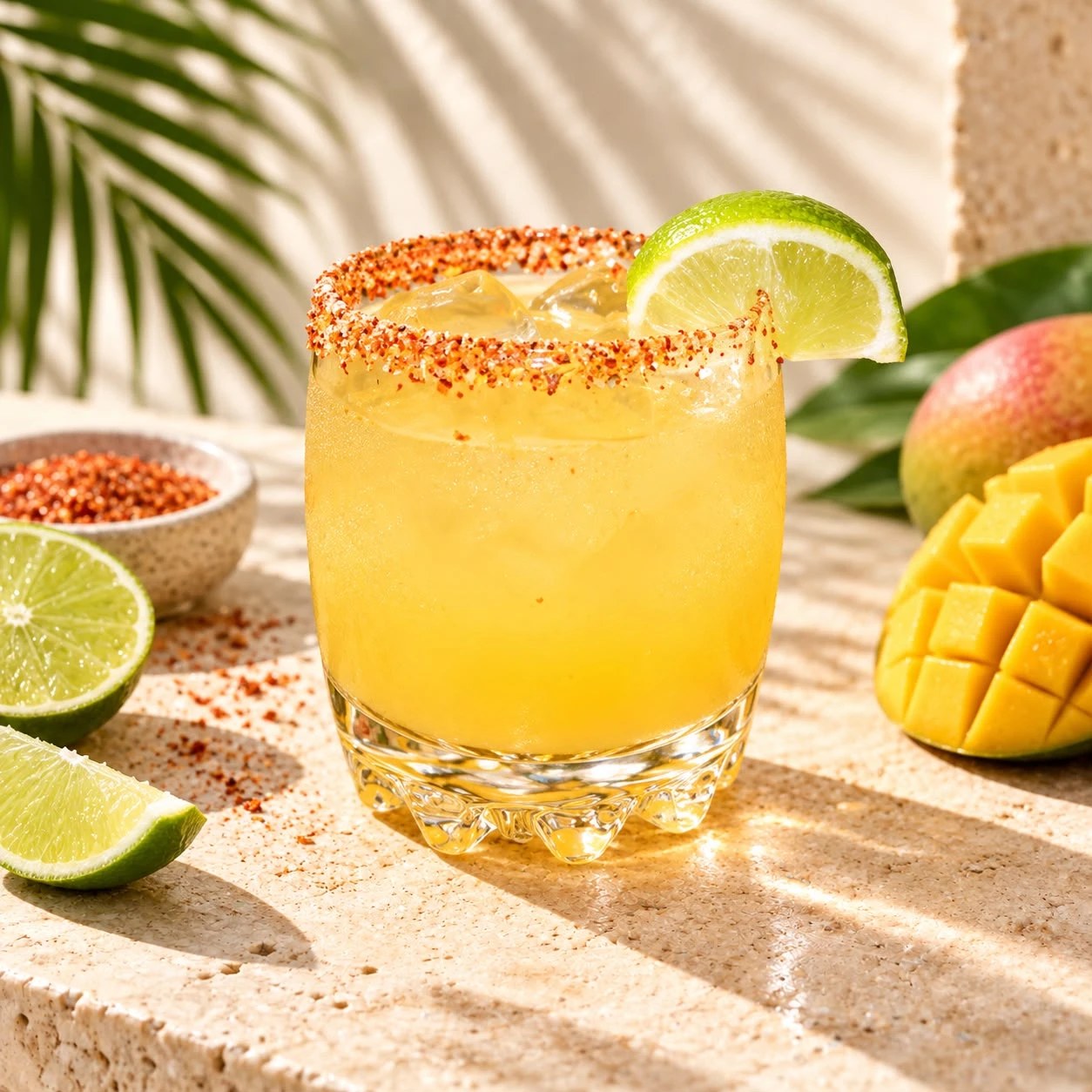 A Merengue Margarita with a Tajin rim and a lime wedge, beside fresh mango and lime