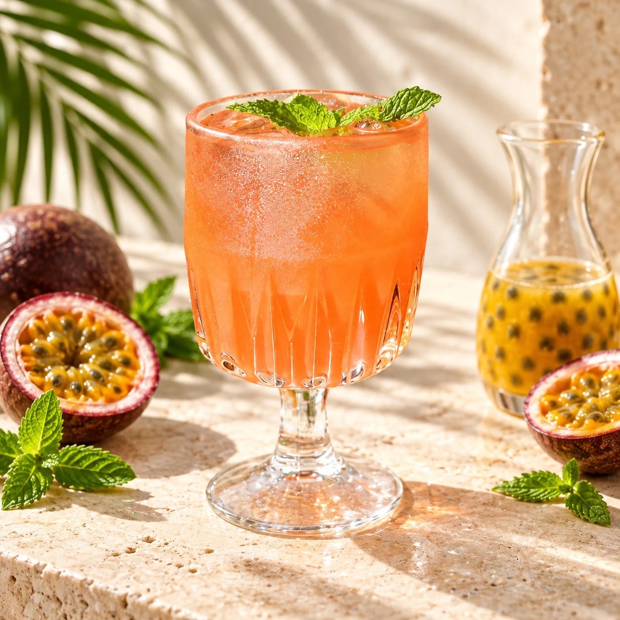 A Passion Pasodoble cocktail in a footed glass with mint, beside fresh passion fruit