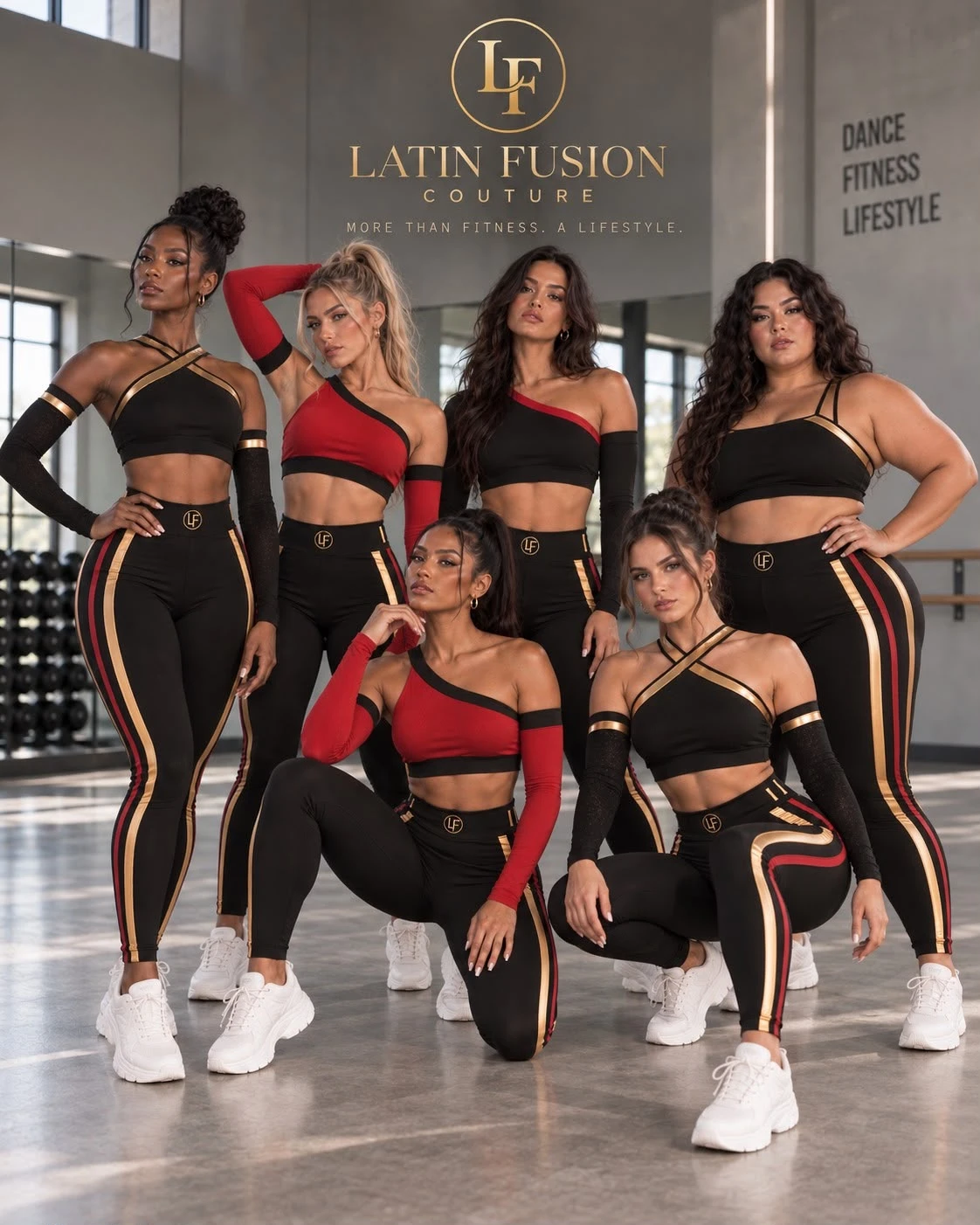 Design preview: six women in Latin Fusion Couture performance wear, black and red crop tops and black leggings with red and gold stripes and gold LF waistbands, in a dance studio