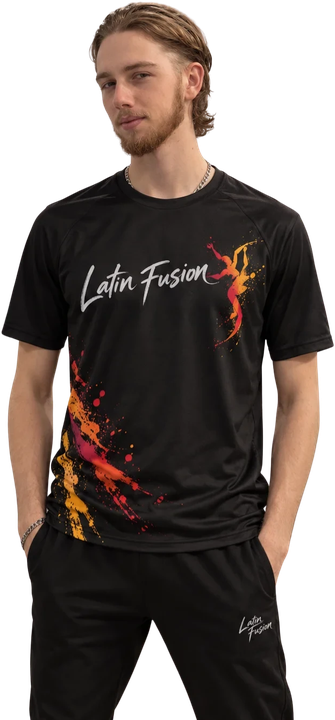 Ethan wearing a black Latin Fusion script-logo tee and matching joggers