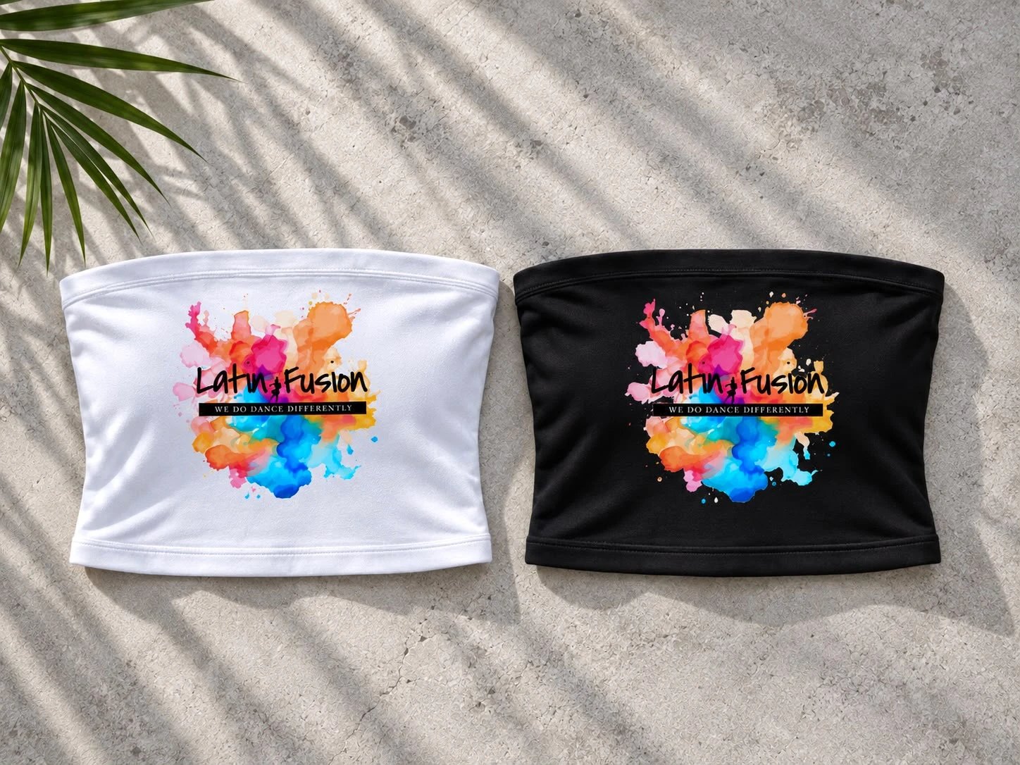 The Latin Fusion bandeau top in white and in black, watercolour logo across the front
