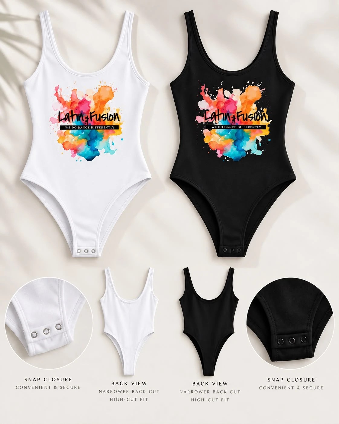 The Latin Fusion bodysuit in white and in black with the watercolour logo on the chest, shown with snap closure and back view details