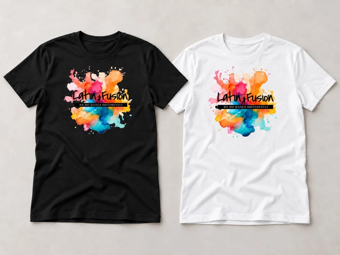 The Latin Fusion tee in black and in white, watercolour logo across the chest