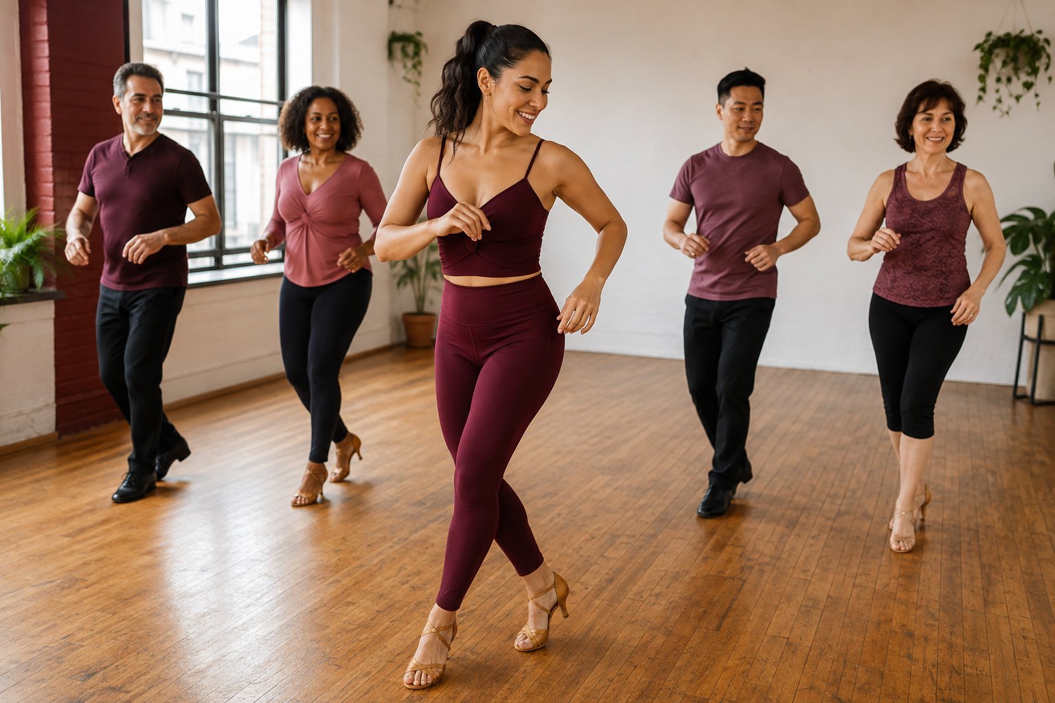 Illustration of a beginner Latin dance class in a bright studio