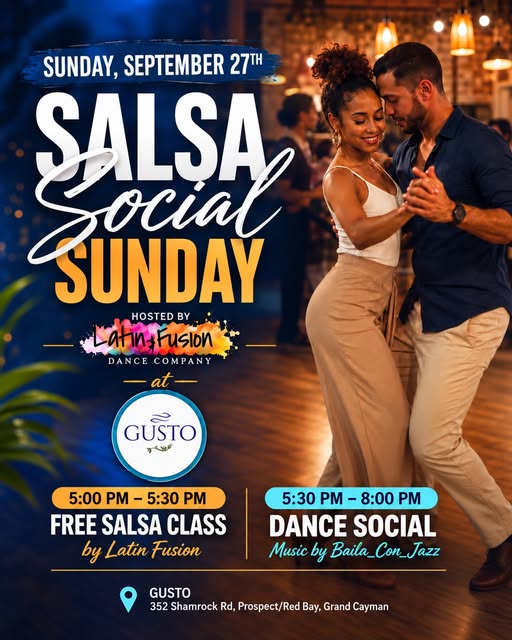 Latin Fusion event poster for Salsa Social Sunday at Gusto on September 27